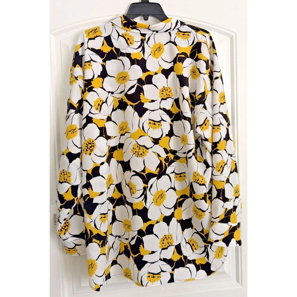 Karl Lagerfeld Paris Women's Floral Button Front Blouse White Black Yellow XL - Picture 9 of 11